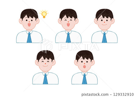 Various facial expressions set of male office workers (smile, expressionless, surprise, joy, smile) Various facial expressions set of male office workers (smile, expressionless, surprise, joy, smile) 129332910