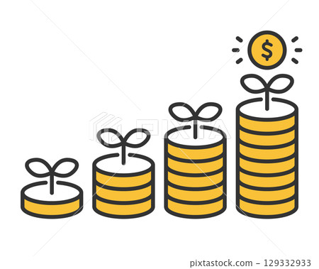 Investment vector icon (Simple dollar) representing dollar coins and growing sprouts 129332933