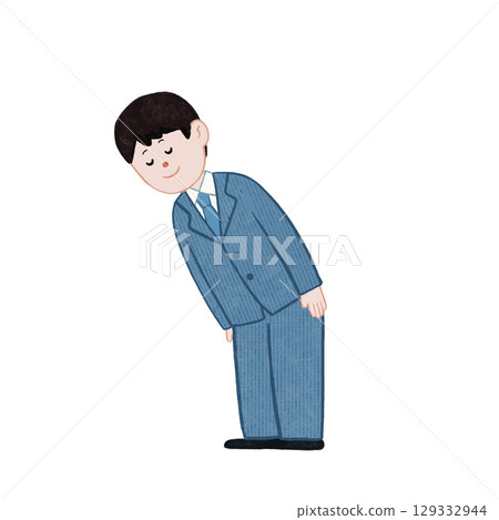 Business etiquette for men in suits: bowing politely at 54 degrees and 30 degrees Business etiquette for men in suits: bowing politely at 54 degrees and 30 degrees 129332944