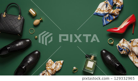 Colorful background image with fashion shoes, bags and accessories Colorful background image with fashion shoes, bags and accessories 129332965