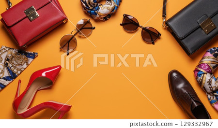 Colorful background image with fashion shoes, bags and accessories 129332967