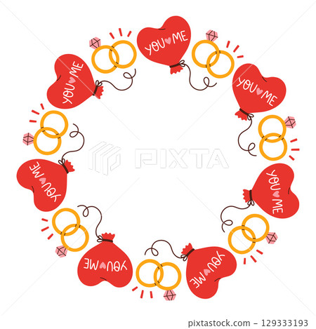 Simple valentines day circle frame. Round love themed border made of different love objects. Pink and red colors happy valentine day hand drawn banner vector isolated on white background. 129333193