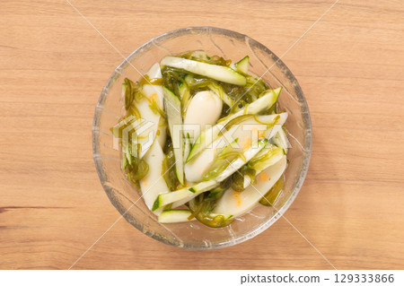 Edamame cheese kamaboko, cucumber, and mekabu seaweed dressing 129333866