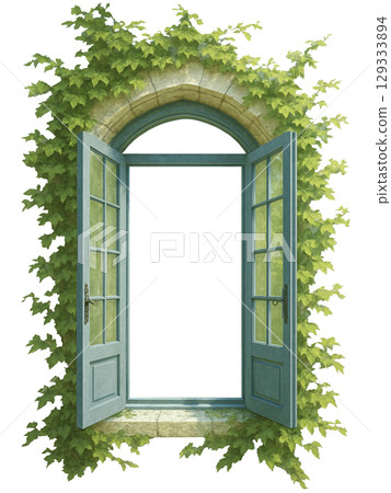 Western-style window covered with ivy Western-style window covered with ivy 129333894