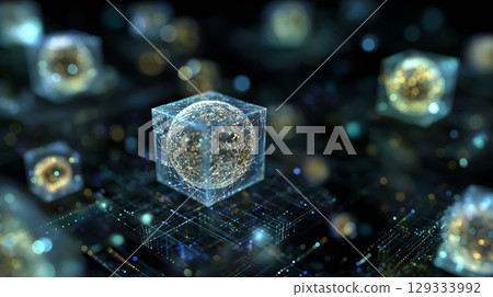 Abstract representation of future technology using geometric objects floating in a network 129333992