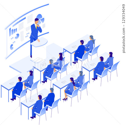 使用材料的商務研討會講座場景的等距插圖 129334049
