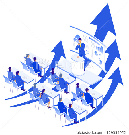 Isometric illustration with arrows symbolizing presentation and business growth 129334052