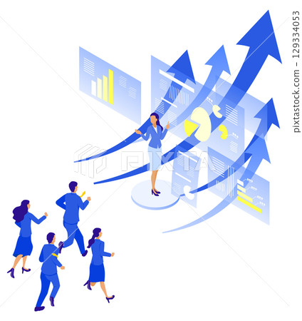 Business illustration (isometric) of a female leader symbolizing growth and leadership Business illustration (isometric) of a female leader symbolizing growth and leadership 129334053