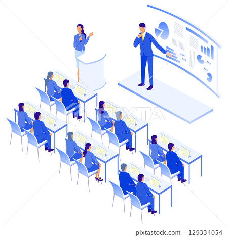 Illustration of a business seminar lecture using digital devices (isometric) 129334054