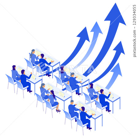 Illustration (isometric) of business people improving their skills through digital training Illustration (isometric) of business people improving their skills through digital training 129334055