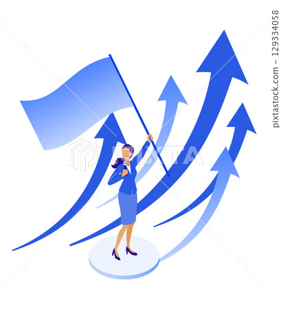 Isometric illustration of a female leader holding a flag and leading business growth 129334058