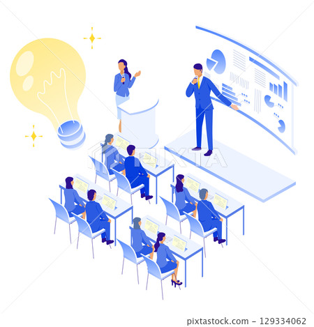 Illustration (isometric) of a business seminar where inspiration occurs during a presentation 129334062