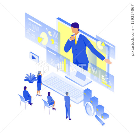 一位講師正在進行線上數據演示，少數與會者的插圖（等距） 129334067