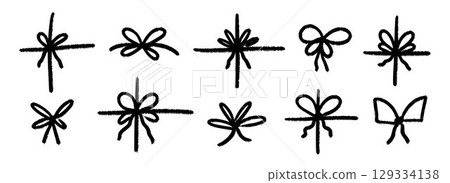 Crayon hand drawn present bows collection. Black doodled ribbon bow set. Brush stroke scribbled elements pack for gift, package, box decoration. Sketched chalk pastel tied knots bundle. Vector 129334138