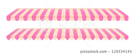 Striped shop tent set. Store window awning pattern collection. Cafe or restaurant roof canopy pack. Pink and cream stall market place cover. Striped sunshade design template. Vector 129334143