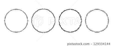 Circle hand drawn scalloped frame set. Round black ribbon border collection. Vector doodled lace cadre frames. Radial squiggly border pack for invitation, wedding party, birthday, greeting card 129334144