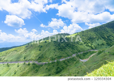 Fresh green plateau seen from Asama Shirane Shiga Refreshing Highway Fresh green plateau seen from Asama Shirane Shiga Refreshing Highway 129334304
