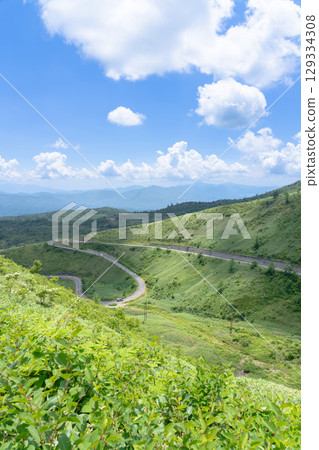 Fresh green plateau seen from Asama Shirane Shiga Refreshing Highway Fresh green plateau seen from Asama Shirane Shiga Refreshing Highway 129334308