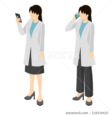 一群身穿白大褂的女性使用智慧型手機_等距插圖 129334425
