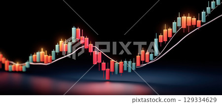Stock market chart with colorful candlestick bars and moving average line showing financial data trends and analysis in dark background 129334629