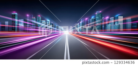 Futuristic cityscape with glowing skyscrapers and vibrant light trails on highway at night, creating dynamic and energetic atmosphere 129334636