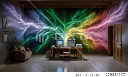 Vintage computer setup with colorful electric light effects on wall, creating vibrant and dynamic atmosphere in cozy room 129334637