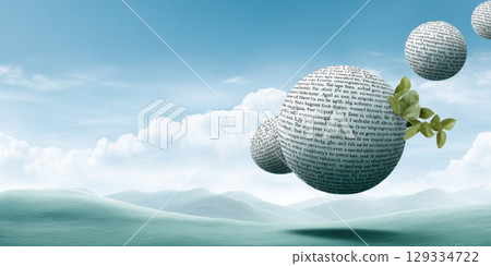 Floating spheres with text and green leaves above soft hills under blue sky with clouds, creating peaceful and imaginative scene Floating spheres with text and green leaves above soft hills under blue sky with clouds, creating peaceful and imaginative scene 129334722