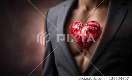 Business concept showing dollar heart glowing inside man chest symbolizing passion and value in business world 129334807