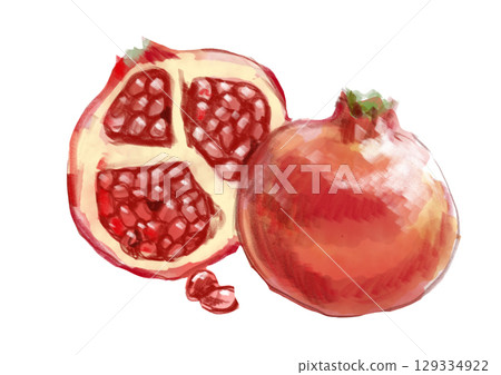 Hand-drawn watercolor illustration of a freshly picked and delicious-looking pomegranate Hand-drawn watercolor illustration of a freshly picked and delicious-looking pomegranate 129334922