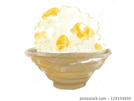 手繪水彩插圖，碗裡盛著新鮮煮熟的美味栗子米飯 129334930