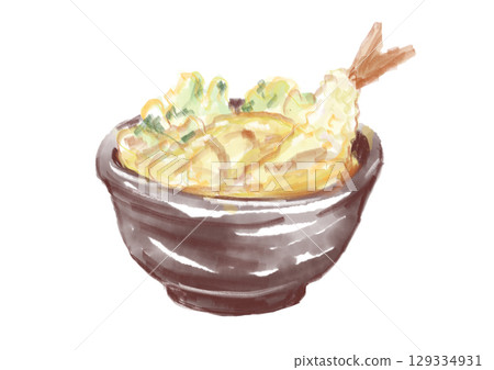 手繪水彩畫,描繪了剛炸好的美味天婦羅碗 手繪水彩畫,描繪了剛炸好的美味天婦羅碗 129334931