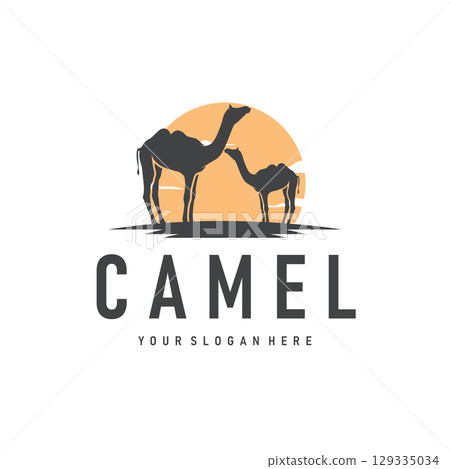desert animal design sahara silhouette logo camel simple modern concept vintage caravan camel illustration template symbol brand product business 129335034