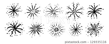 Black hand drawn firework set. Crayon doodled firecracker element collection. Pastel pencil sketch of sparkle burst, explosion, star lights. Vector drawn spark sticker for birthday party, decoration Black hand drawn firework set. Crayon doodled firecracker element collection. Pastel pencil sketch of sparkle burst, explosion, star lights. Vector drawn spark sticker for birthday party, decoration 129335116