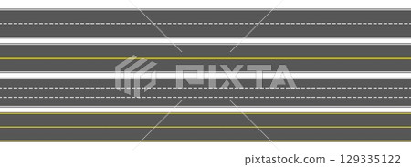 Top view road markings set. Highway lanes and race tracks set. Seamless straight street road pack. Town or city pavement asphalt repeated patten. Horizontal roadway drive stripes bundle. Vector 129335122