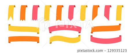 Bookmarks and ribbon banners set. Yellow, orange and red note and mark element collection. Different labels and badges pack for promotion, product decoration, price tag, discount sticker. Vector 129335123
