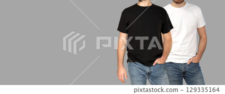 Men showcase casual t-shirt styles in different colors and jeans Men showcase casual t-shirt styles in different colors and jeans 129335164