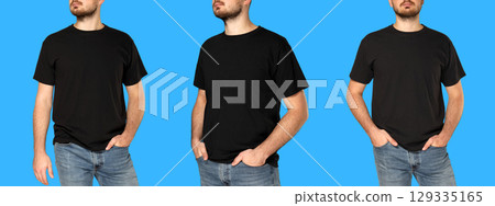 Man displays three black T-shirt styles on blue backdrop 129335165