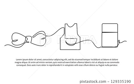 Continuous line design of safety clothing for cooking. Single line decorative element drawn on white. 129335190
