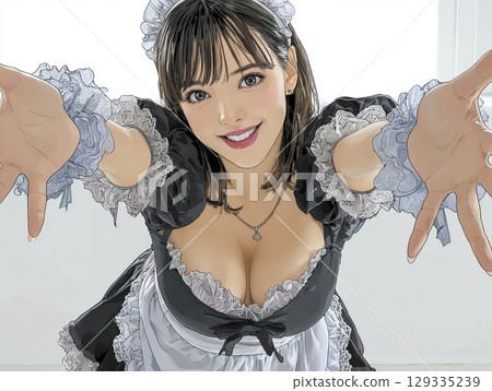 美麗的女僕咖啡廳員工微笑的插圖(鞠躬姿勢,張開雙臂) 美麗的女僕咖啡廳員工微笑的插圖(鞠躬姿勢,張開雙臂) 129335239
