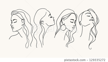 Set of outline portraits women. Simple, minimalist vector illustration of beautiful female faces. Abstract aesthetic female face collection, line art Set of outline portraits women. Simple, minimalist vector illustration of beautiful female faces. Abstract aesthetic female face collection, line art 129335272