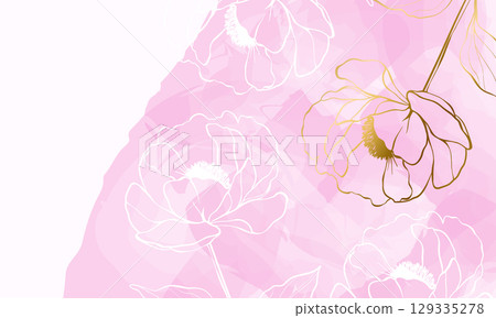 Watercolor floral background with peony flowers. Pink paint splash on white backdrop with copy space. Horizontal banner template. Luxury minimal style vector design Watercolor floral background with peony flowers. Pink paint splash on white backdrop with copy space. Horizontal banner template. Luxury minimal style vector design 129335278