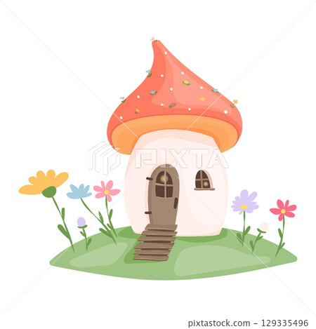 Mushroom house with flowers on green hill 129335496