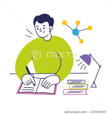 Flat cartoon vector illustration of boy or man sitting at desk and writing in notebook with books. Study, work, planning or journaling process. Education, learning, productivity, creativity visuals 129335497