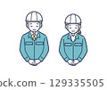 Illustration of a man and woman in work clothes bowing _ helmet 129335505