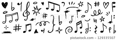 Music note icon vector doodle set. Hand drawn music note, sound symbol, melody sign in chalk crayon sketch style. Retro pastel crayon texture, playful sticker elements background. Vector illustration Music note icon vector doodle set. Hand drawn music note, sound symbol, melody sign in chalk crayon sketch style. Retro pastel crayon texture, playful sticker elements background. Vector illustration 129335507