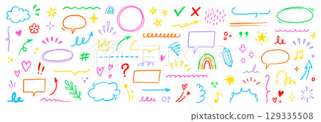 Cute line element icon set. Hand drawn heart, star, cloud brush stroke colorful cartoon style. Funny doodle sketch arrow, heart, flower marker decoration for kid art design. Vector Cute line element icon set. Hand drawn heart, star, cloud brush stroke colorful cartoon style. Funny doodle sketch arrow, heart, flower marker decoration for kid art design. Vector 129335508