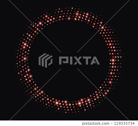 Red halftone frame, glowing circle borders, round pattern with dots, radial disco luxury design element. 129335734