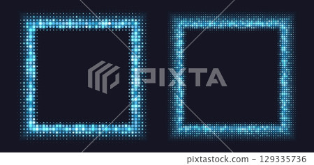 Blue halftone frames, glowing square borders, pattern with dots, radial disco luxury design element. Blue halftone frames, glowing square borders, pattern with dots, radial disco luxury design element. 129335736