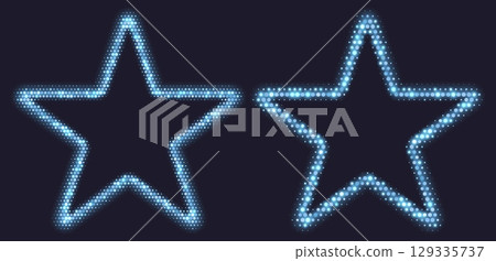 Blue halftone star frame, glowing border, star pattern with dots, disco luxury design element. Blue halftone star frame, glowing border, star pattern with dots, disco luxury design element. 129335737
