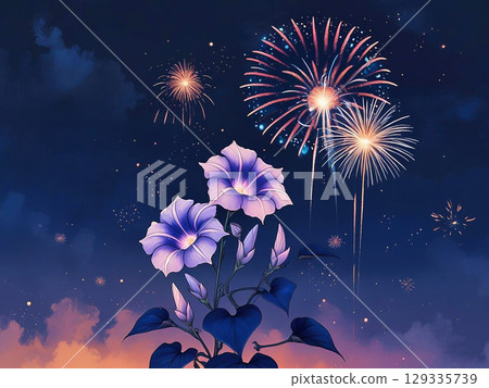 牽牛花和煙火的日式插圖 牽牛花和煙火的日式插圖 129335739